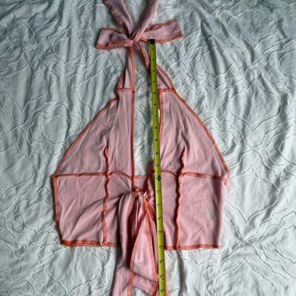 SHEIN Pink and Orange Stitch Halter Tank Top Tie Front - Picture 5 of 10